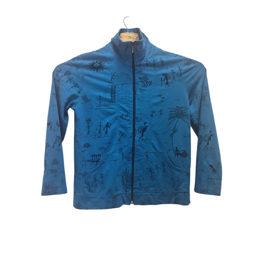 Spa By Chico's Womens Jacket Sz 1 Blue Full Zip Tribal Print Embroidered Pockets